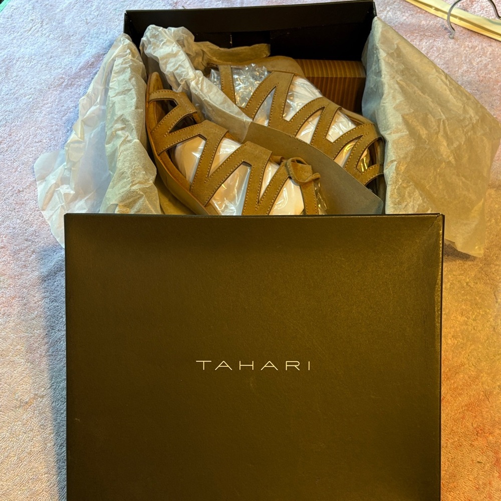 Tahari Tan Strappy Sandals. TA -Abella Fawn
